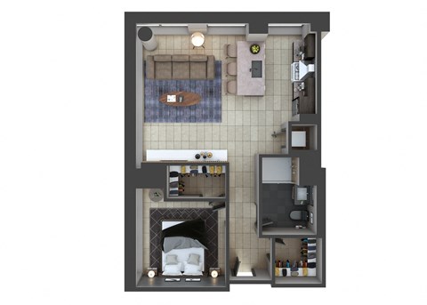 Floor plan for 1 bed, 1 bath, 764 sqft